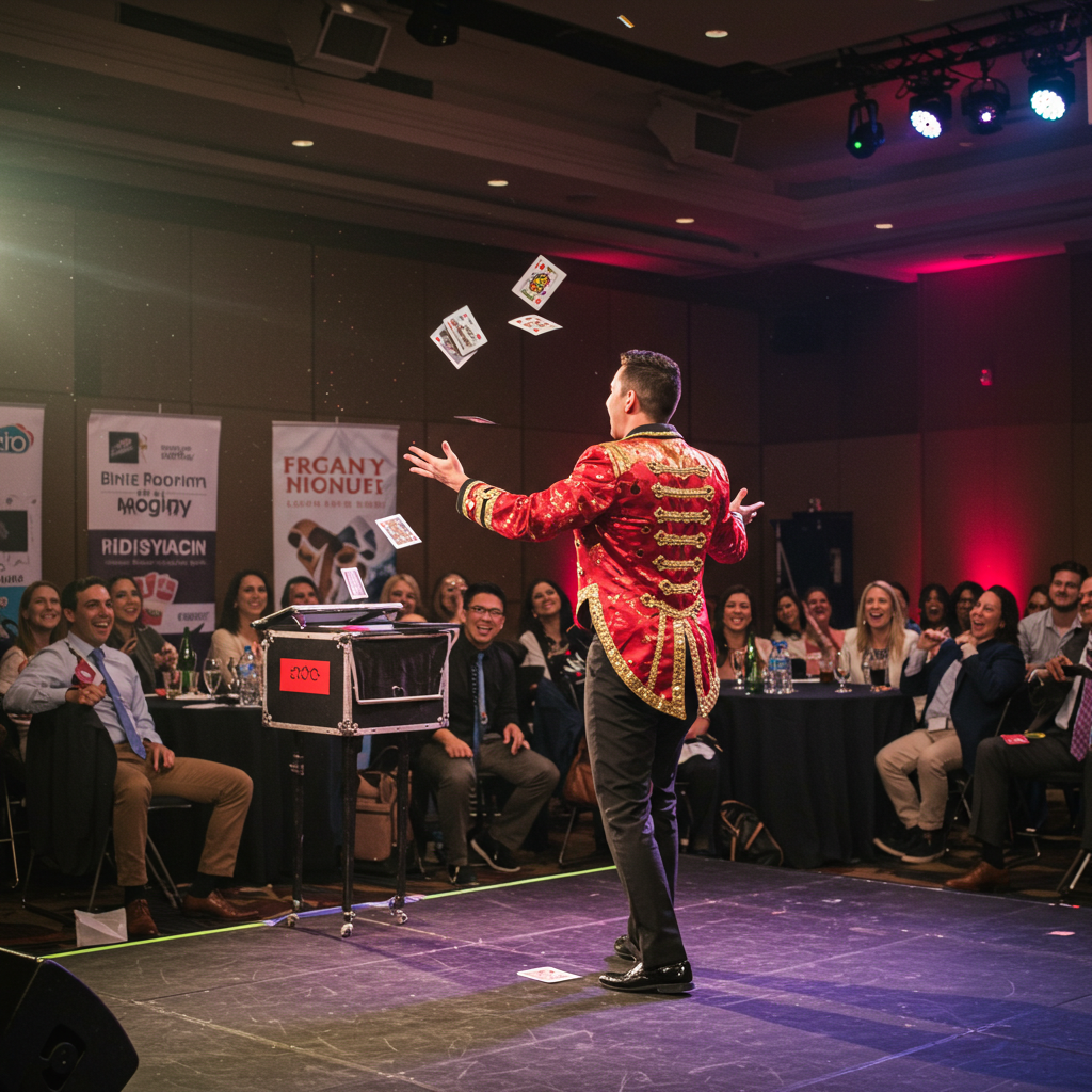 A magician in a red and gold jacket performs a thrilling act at a corporate event, mesmerizing the audience with floating playing cards. The crowd watches in amazement, enjoying the exciting live entertainment.