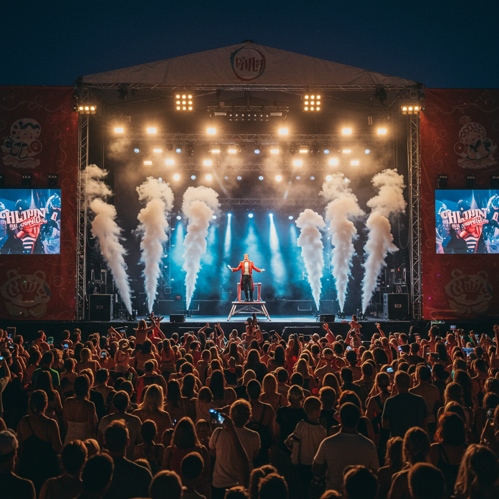 A large crowd gathers at an outdoor festival to witness a thrilling live magic performance. The stage is illuminated with bright lights and smoke effects as the magician captivates the audience at this grand public event.